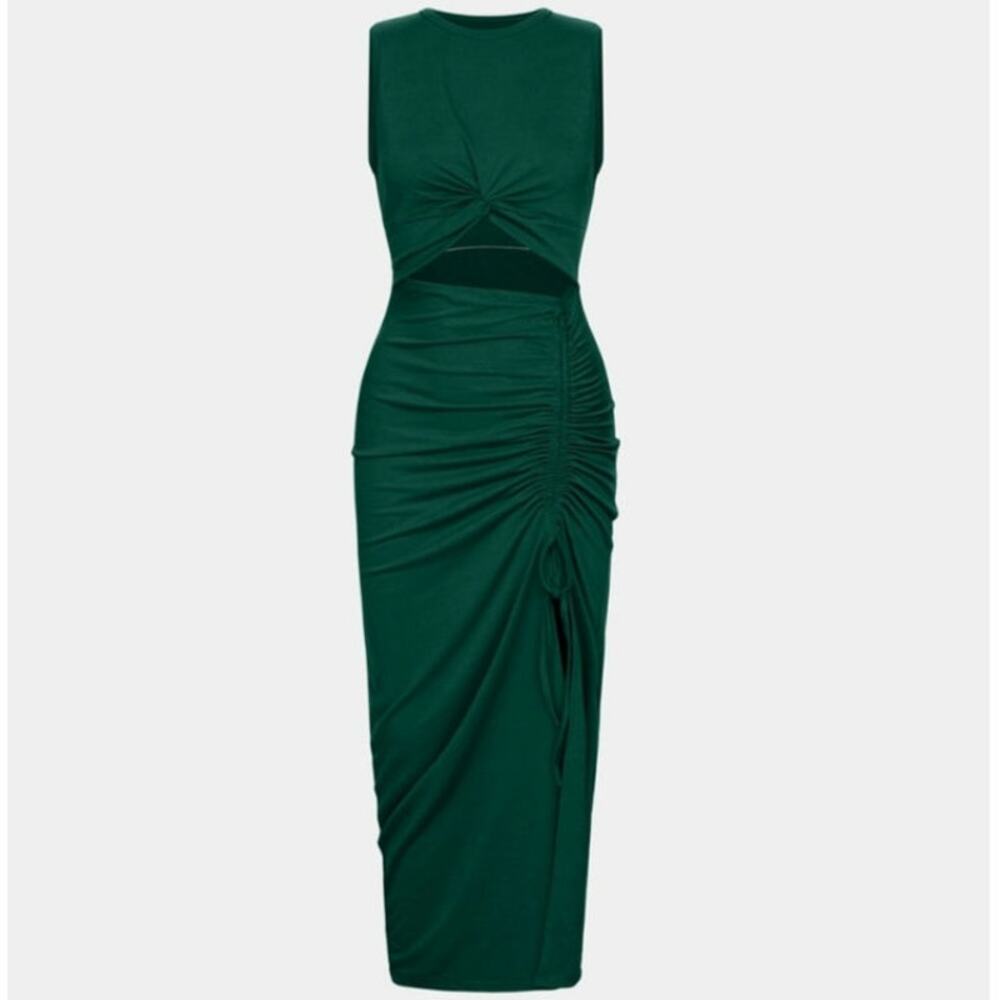 Sz Sm HALARA Green Round Neck Cut Out Ruched Drawstring Hem Bodycon Maxi Dress